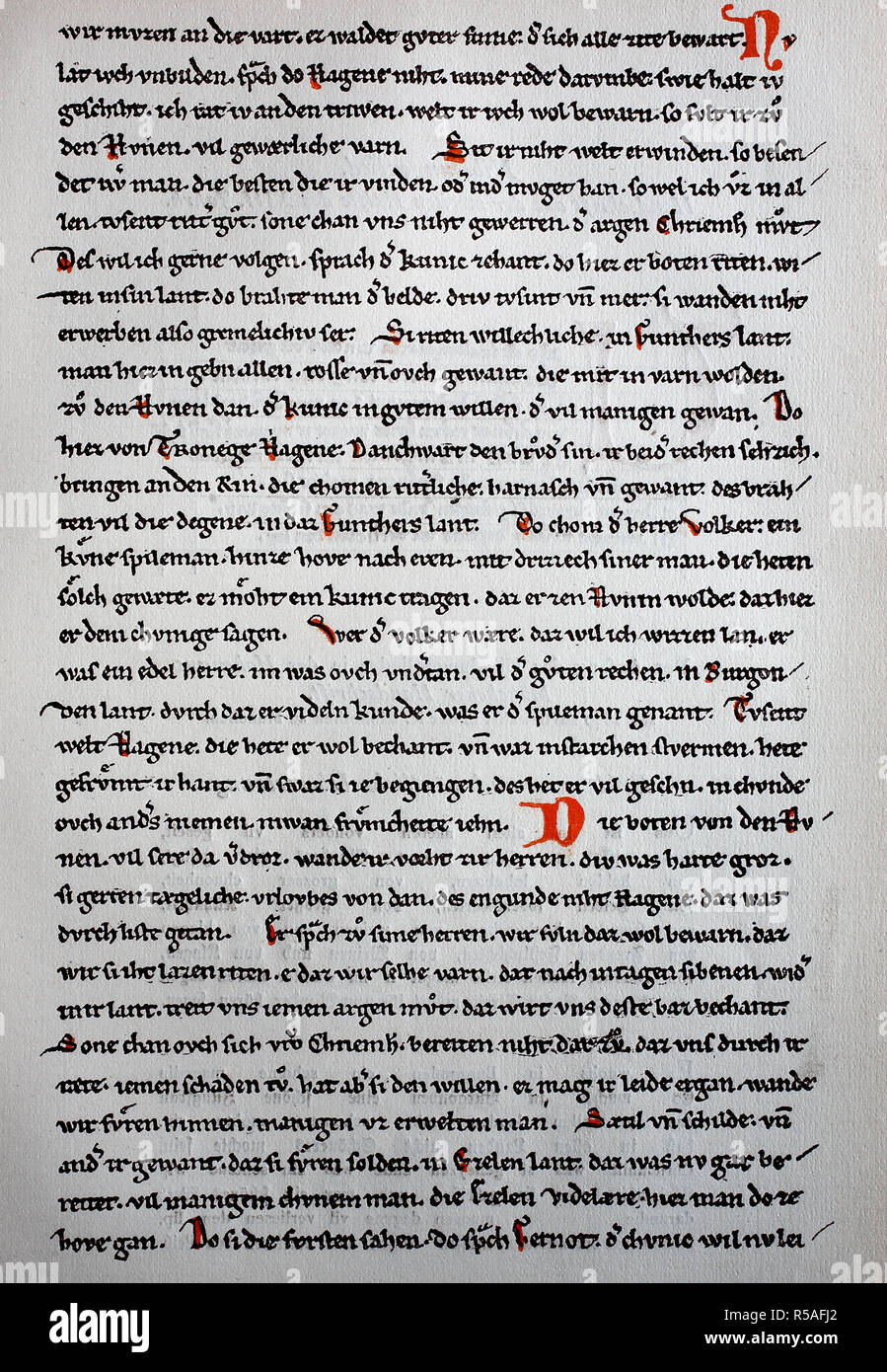 Manuscrit, le plus ancien de tous les manuscrits conservés Niebelungen, depuis le début du 13ème siècle, gravure sur bois, Allemagne Banque D'Images
