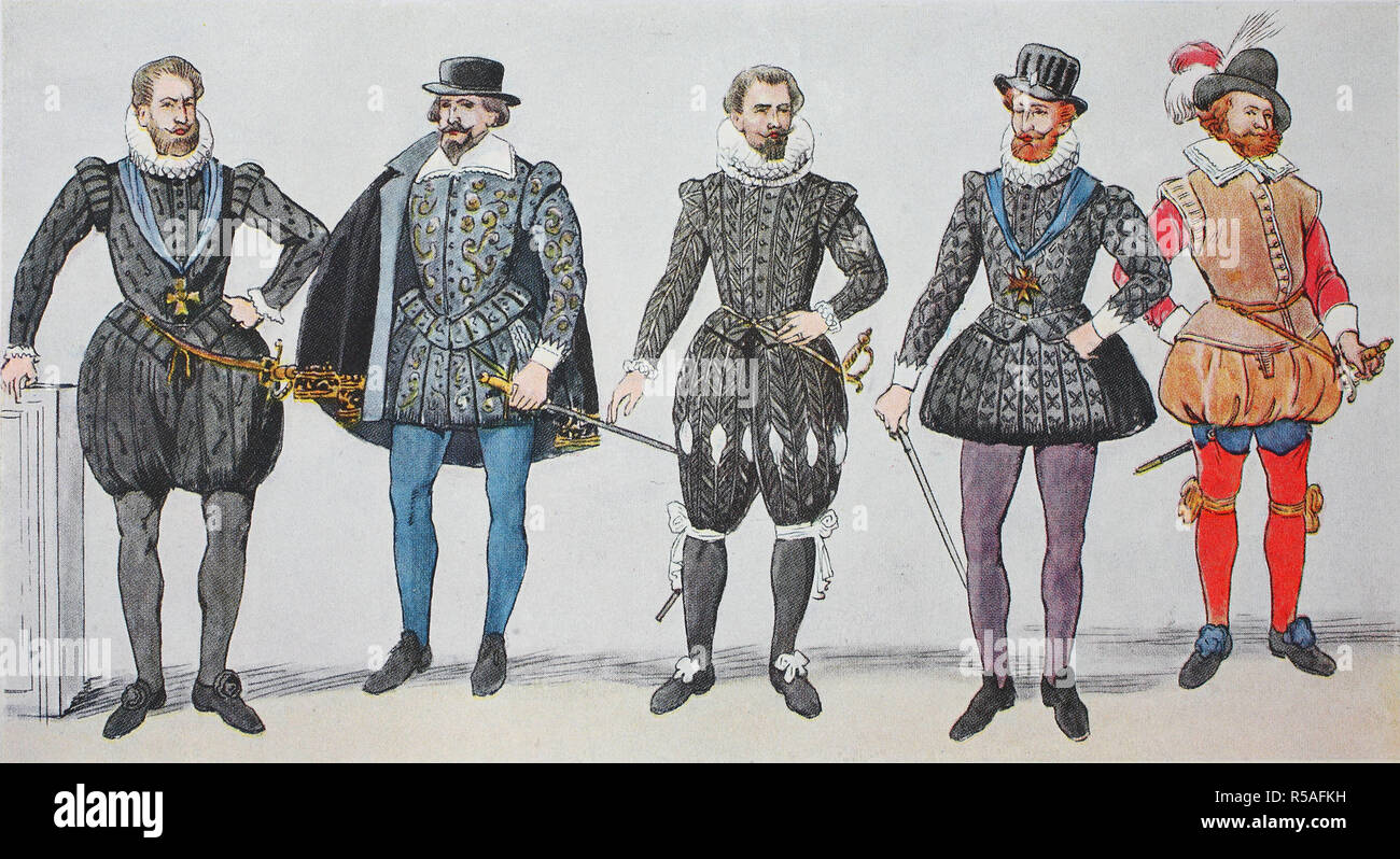 La mode, costumes, vêtements en France, autour de 1630-1640, Henry IV et sa cour, à partir de la gauche, le roi Henri IV de France, puis deux Banque D'Images