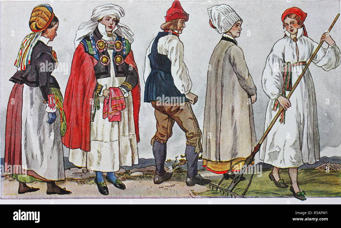 Les gens en costumes traditionnels, de la mode, vêtements, costumes en Suède autour du 19e siècle, l'illustration, la Suède Banque D'Images