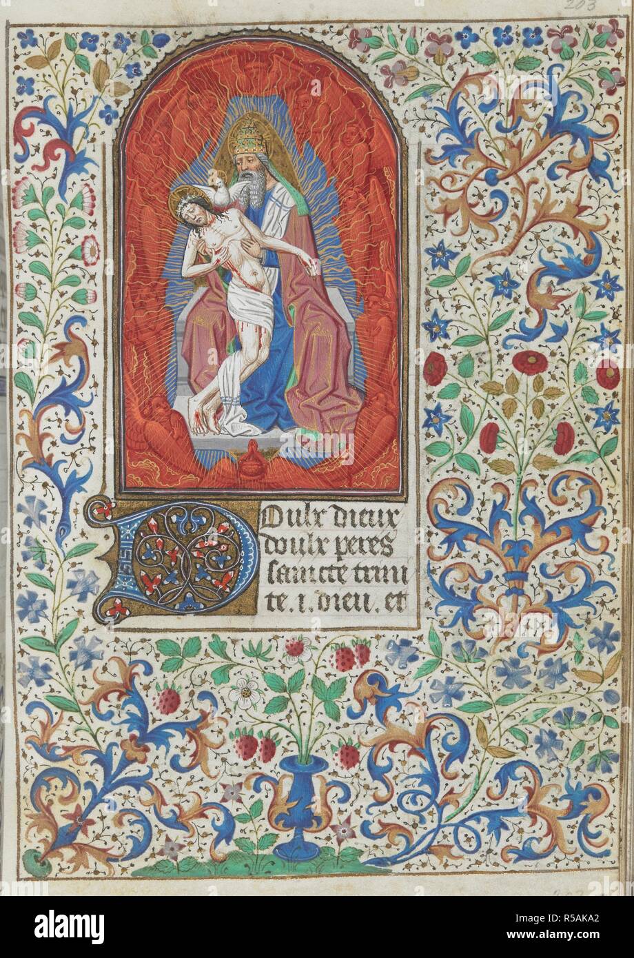 Une miniature de la Trinité, dans lequel le tout-puissant trône tient le corps du Christ crucifié qui porte l'ongle plaies dans ses mains et pieds, porte une couronne d'épines et touche sa poitrine blessure de sang qui coule. L'Esprit Saint donne à Christ de son épaule, entouré d'une aura rouge contenant de la tête et des ailes d'anges en prière. Livre d'heures, l'utilisation de Paris. La France, l'Europe centrale (Paris) ; c. 1440 - c. 1450. Source : Egerton 2019, f.203. Langue : le latin et un peu de français. Banque D'Images