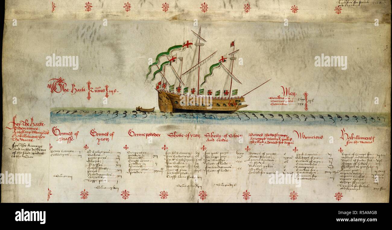 [3e navire sur roll] 'La Harte', avec les détails de son équipage et l'armement. Rouleau de les galères de Henry VIII. L'Angleterre, 1546. Source : ajouter. 22047. Langue : Anglais. Auteur : Anthony, Anthony. Banque D'Images