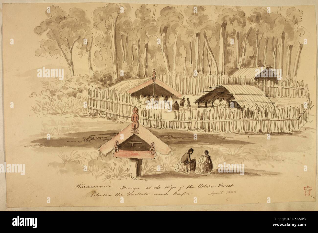 [Le dessin no1] Vue d'Wairewarewa Kainga au bord de l'Totara Forêt. Le village maori avec abris, est entouré par une clôture, avec un culte au premier plan. Avril 1848. Dessins et croquis en Nouvelle-Zélande. La Nouvelle-Zélande ; 1848. Source : ajouter. 19953, f.1. Langue : Anglais. Banque D'Images