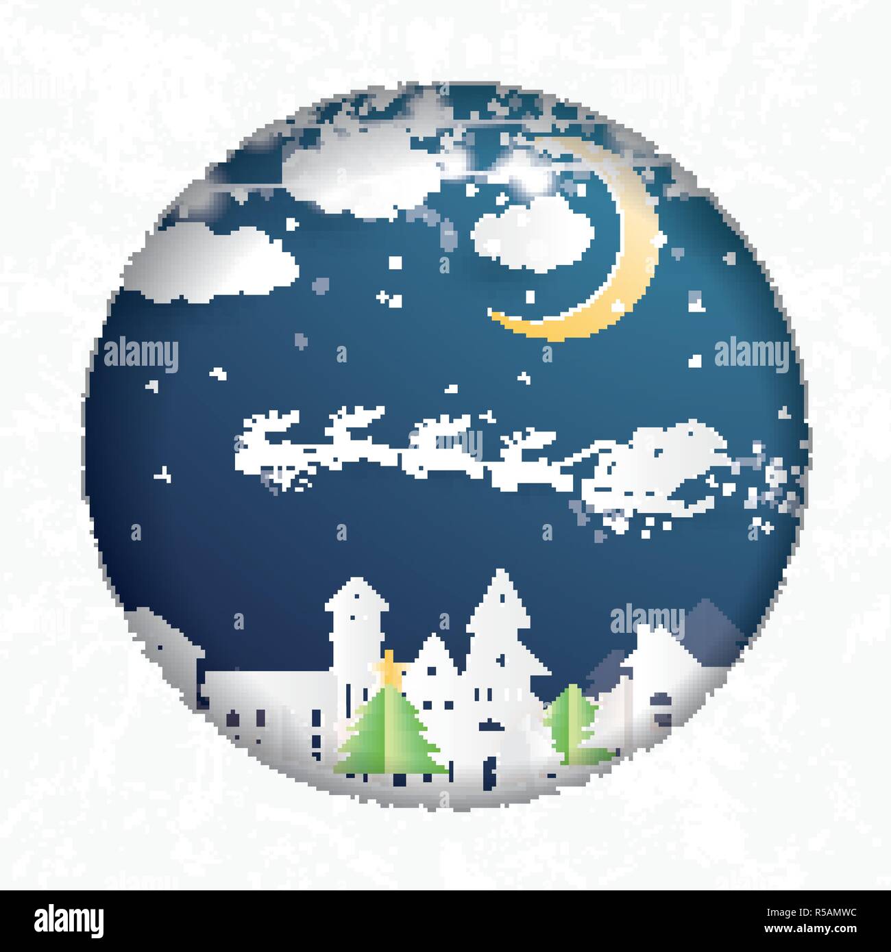 Village de Noël et le Père Noël en traîneau en papier coupé Style. Paysage d'hiver avec la Lune et les nuages. Vector Illustration. Joyeux Noël Illustration de Vecteur