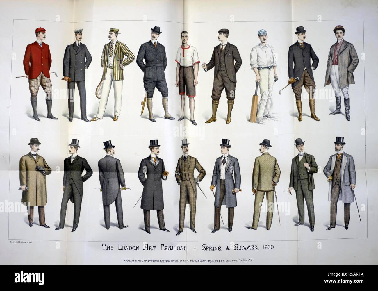 La London art de la mode. Une galerie montrant des tenues hommes allant de la tenue de sport à smart. London Fashion Art Journal. Londres, 1900. Source : Journal de mode d'Art de Londres. Le printemps et l'été 1900. Banque D'Images
