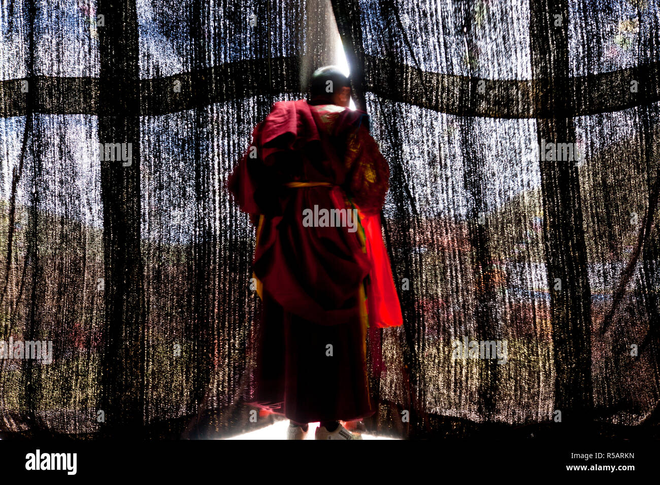 Les jeunes moines à la recherche à travers les rideaux à festival danse masquée au Keno Gompa ou monastère, Tagong, région tibétaine du Sichuan, Chine ; Banque D'Images
