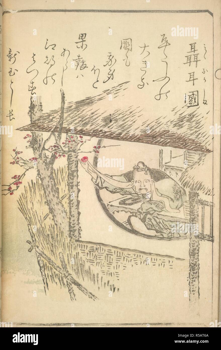 L'homme aux longues oreilles. Un homme de la "Terre des hommes" à longues, s'étendant l'oreille pour entendre un oiseau chanter Rossignol japonais. [D'un livre de bande dessinée japonaise verset illustré par Hokusai]. Shikinamigusa [vagues de migrants à partir de terres étrangères]. Edo, 1796. Source : 16099.c.60, 5v. Langue : japonais. Banque D'Images