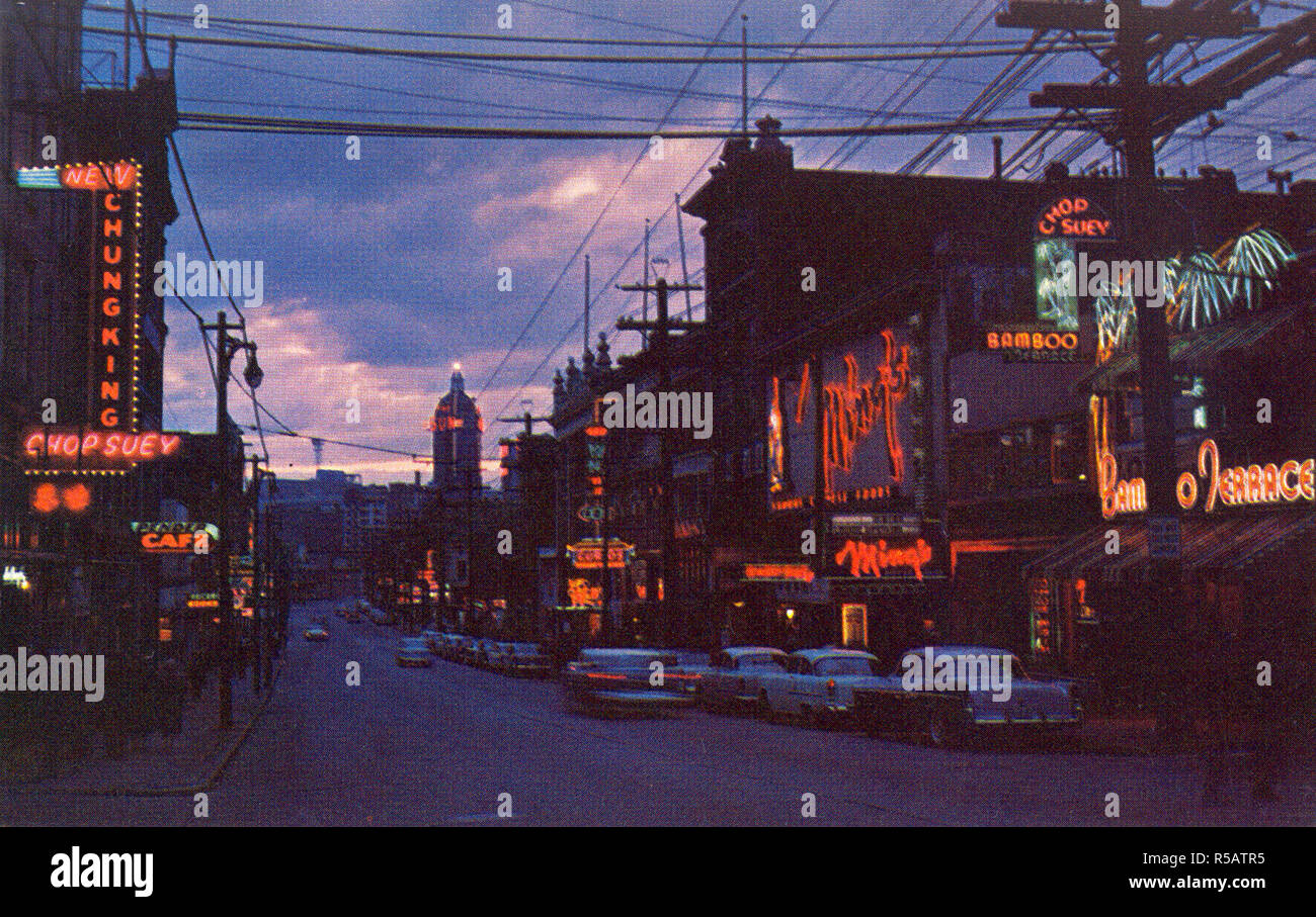 Le quartier chinois de Vancouver la nuit. ca. Crédit : Bibliothèque de l'Université 1950-1959 Banque D'Images