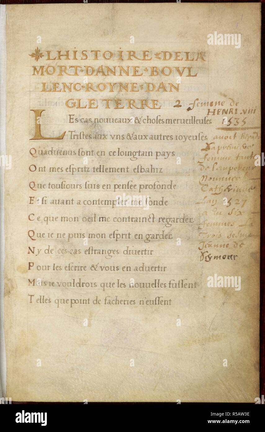 Un poème sur le sujet de l'essai et la mort d'Anne Boleyn. 'L'HISTOIRE