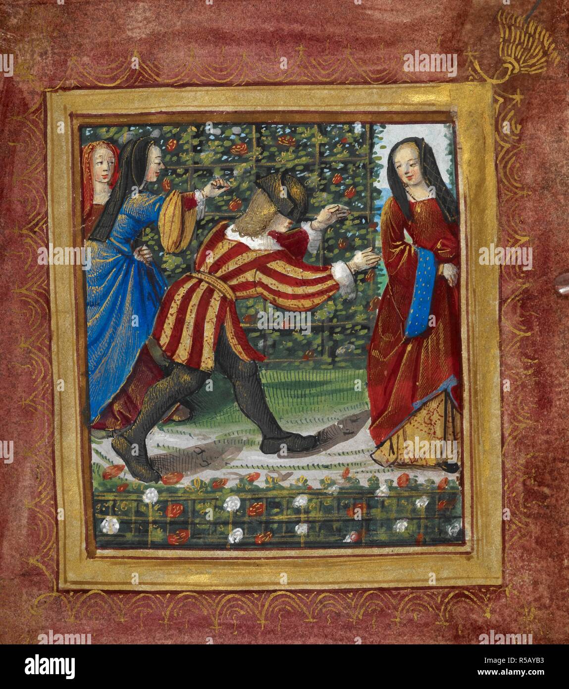 Une Miniature Emblematiques Situe Dans Un Jardin Couvert Avec Roses Rouges Et Blanches L Amant Ses Yeux Bandes Essaie D Attraper L Une Des Dames Qui Loin De Disparaitre Semble Etre A L Attendre Une Autre