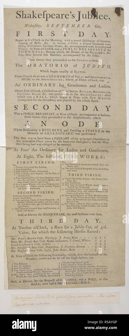 Un prospectus publicité David Garrick's Shakespeare célébrations jubilaires de septembre 1769. Une collection d'illustrations, des portraits, des coupures de presse, des extraits des livres et catalogues de vente, annonces, manuscrits et de spectacles, liés principalement à la Shakespeare Jubilé de 1769, et en particulier à David Garrick's y participer. Compilé par George Daniel. Mme. notes par G. Daniel. 1746-1860 ?. Source : C.61.e.2, page 49. Langue : Anglais. Banque D'Images