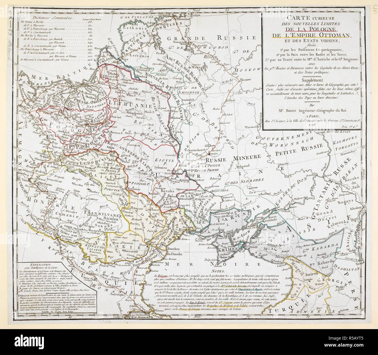 Une 18e siècle site couvrant la Russie, Ukraine et Pologne (après la première partition), Lituanie, sarrasin de Tartarie ; Transylvanie ; Turquie ; la Hongrie et territoires environnants. . Carte curieuse des nouvelles limites de la Pologne, de l'Empire Ottoman, et des EÌtats voisins, par M. Brion. 1775. Source : Maps.K.Haut.112.64. Langue : Français. Banque D'Images