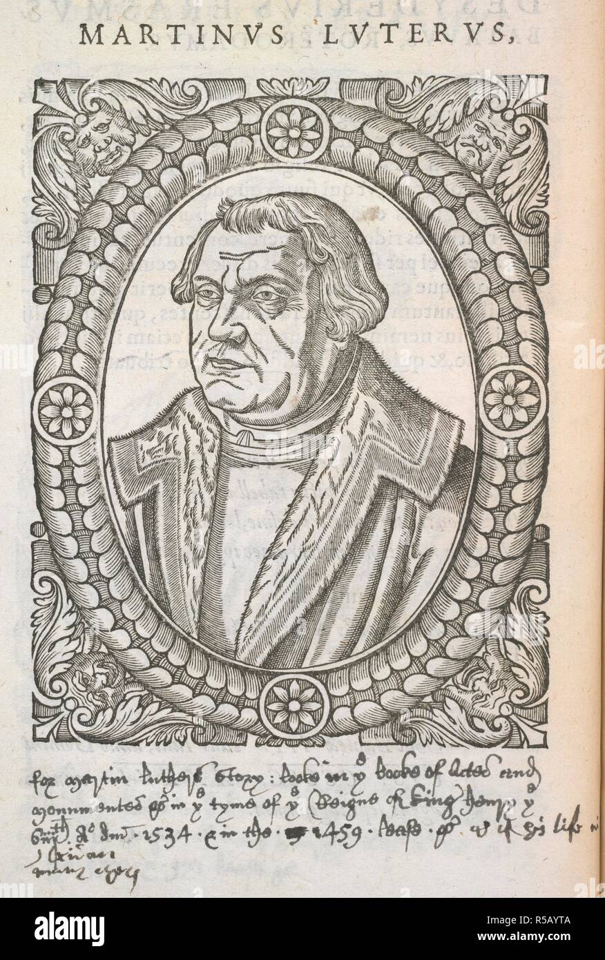 Martin Luther. Icones, id est verÃ… imagine virorum doctrina simu. Apud I. Laonium : [Genève], 1580. Martin Luther (1483-1546). Réformateur religieux allemand et fondateur de la réforme. Portrait. Image réalisée à partir d'icones, id est verÃ doctrina virorum… imagine simul et pietate illustrium additis eorundem vitÃ operÃ¦¦ et descriptionibus ; quibus adiectÃ¦ picturÃ nonnullÃ¦¦ sunt quas vocant, emblèmes. Mme notes. Publié à l'origine/produit dans Laonium Apud I. : [Genève], 1580. . Source : 611.e.3, 16. Banque D'Images