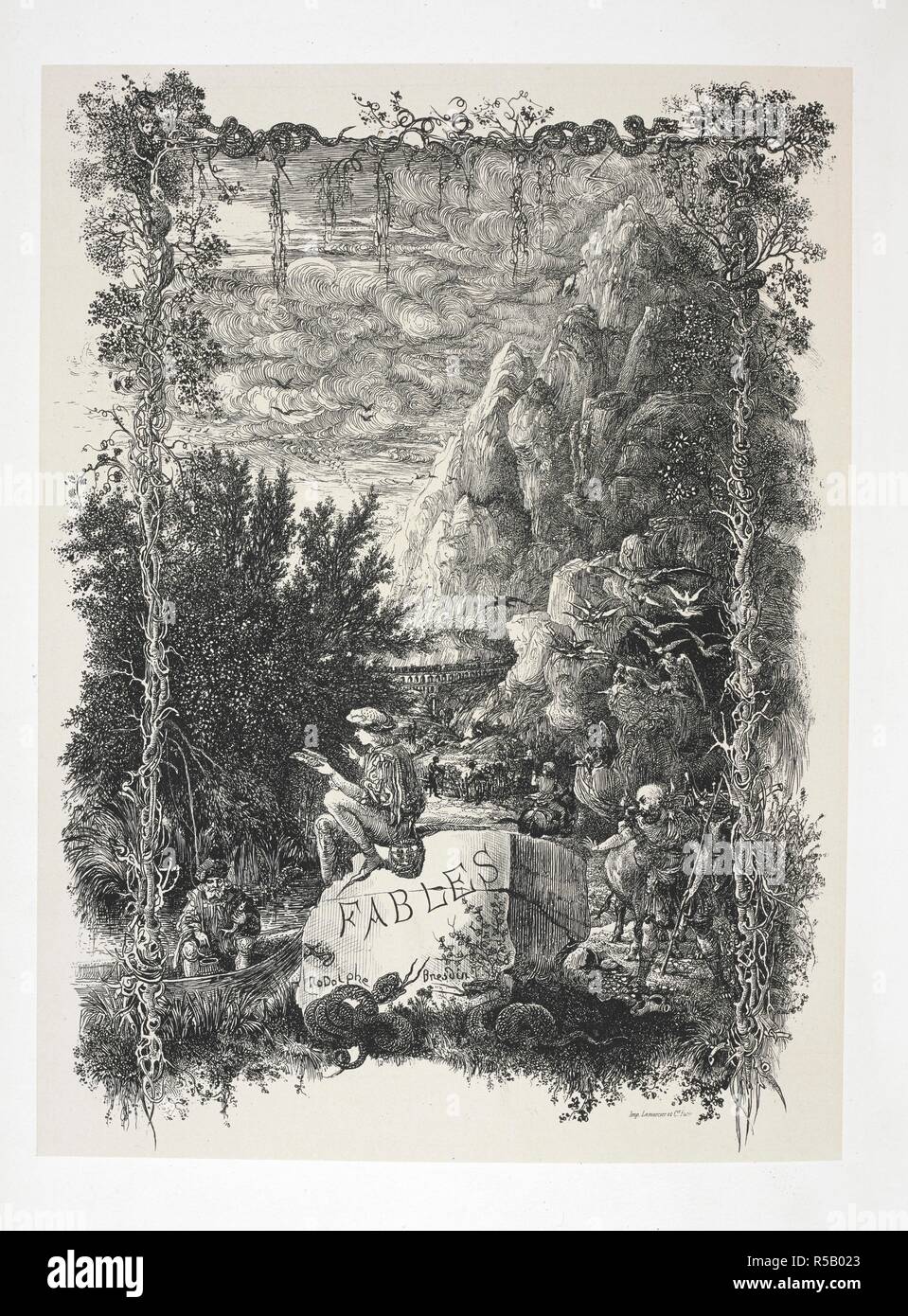 Frontispice illustré. Fables et contes. Essais. Dessins de Bresdin et EÌcosse. GeÌnes, 1871. Source : C.193.b.47 frontispice. Auteur : Rodolphe Bresdin. Thierry De Faletans, Hippolyte. Banque D'Images