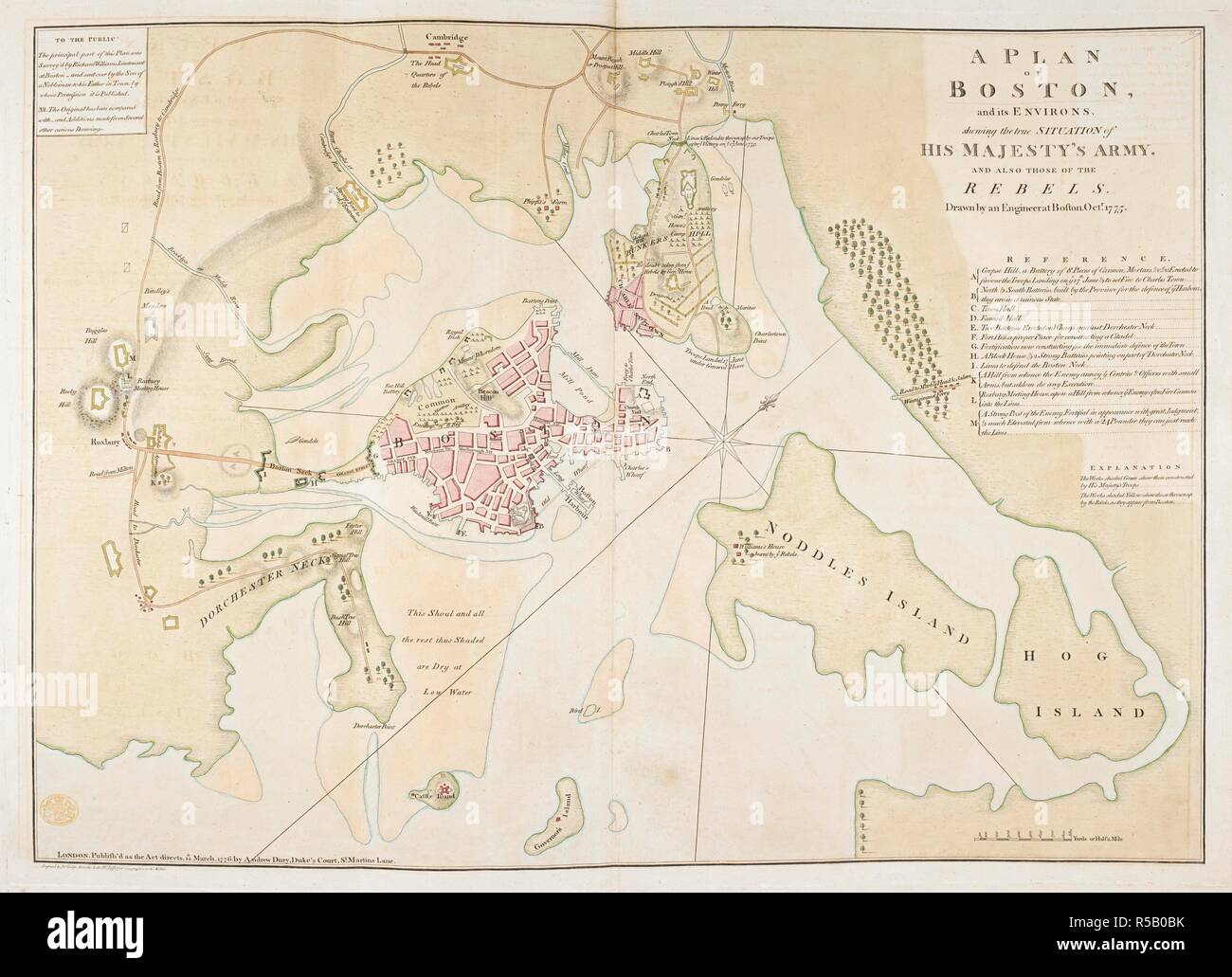 Un plan de Boston et ses environs. Un plan de Boston et ses environs.  : La véritable situation qui fais de l'armée de Sa Majesté. Et aussi ceux des rebelles. Londres : Publier avait comme la loi ordonne, le 12 mars, 1776 par Andrew Dury, Duke's Court, St Martins Lane, [12 mars, 1776.]. Source : Maps K.Haut.120,35. Langue : Anglais. Banque D'Images