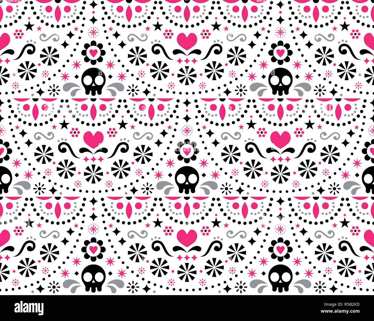 L'art populaire mexicain avec motif transparent vecteur crânes, décoration Halloween, fleurs et formes abstraites, rose, blanc et gris, design textile Illustration de Vecteur