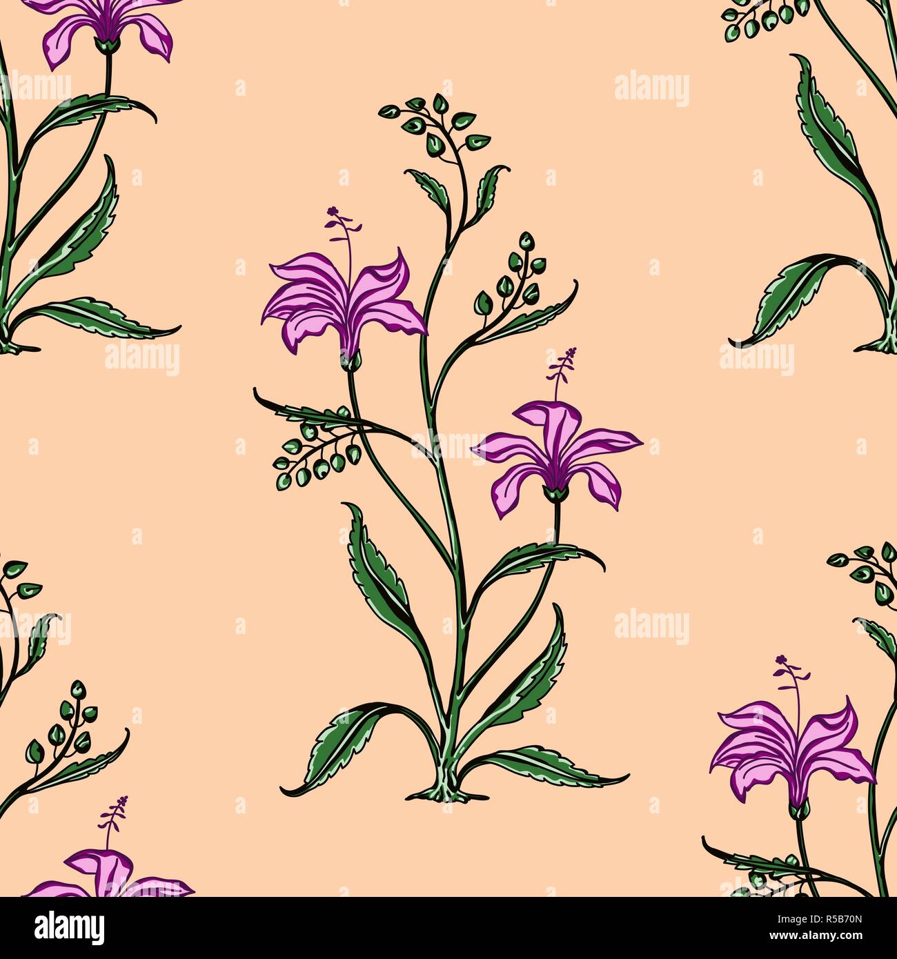 Imprimé floral ethnique homogène sur bois sur tout motif. Motif oriental traditionnel de l'Inde Mogul avec des bouquets de rose sur fond écru. Textil Illustration de Vecteur