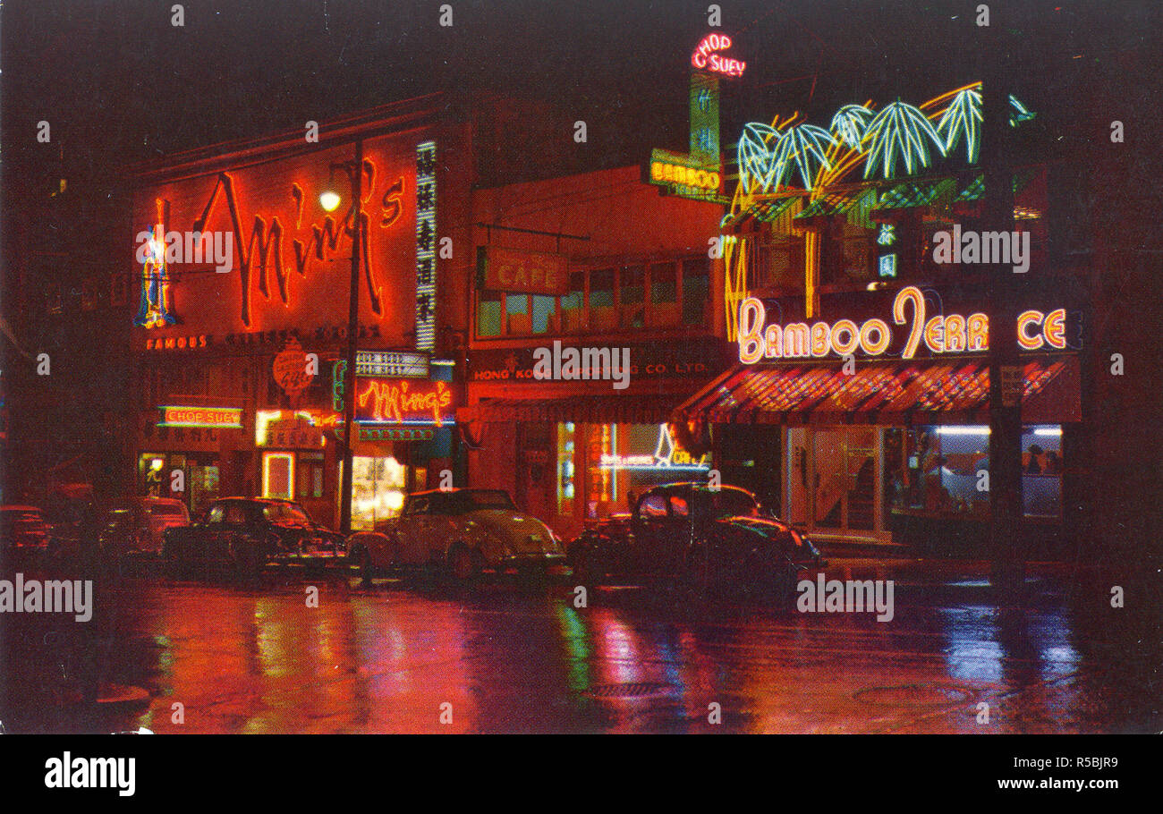 Le quartier chinois de Vancouver la nuit. ca. Crédit : Bibliothèque de l'Université 1950-1959 Banque D'Images