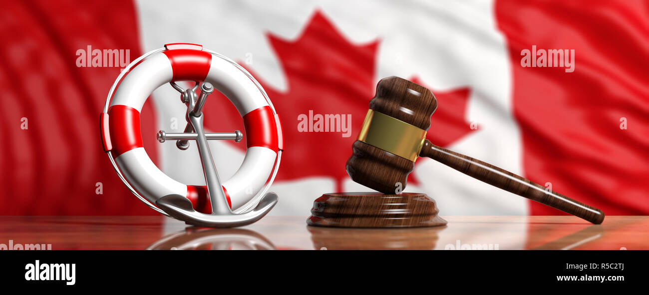 Canada Loi de concept de la mer. Les bouées de sauvetage, l'ancre du navire et la justice gavel sur fond du drapeau canadien, la bannière. 3d illustration Banque D'Images