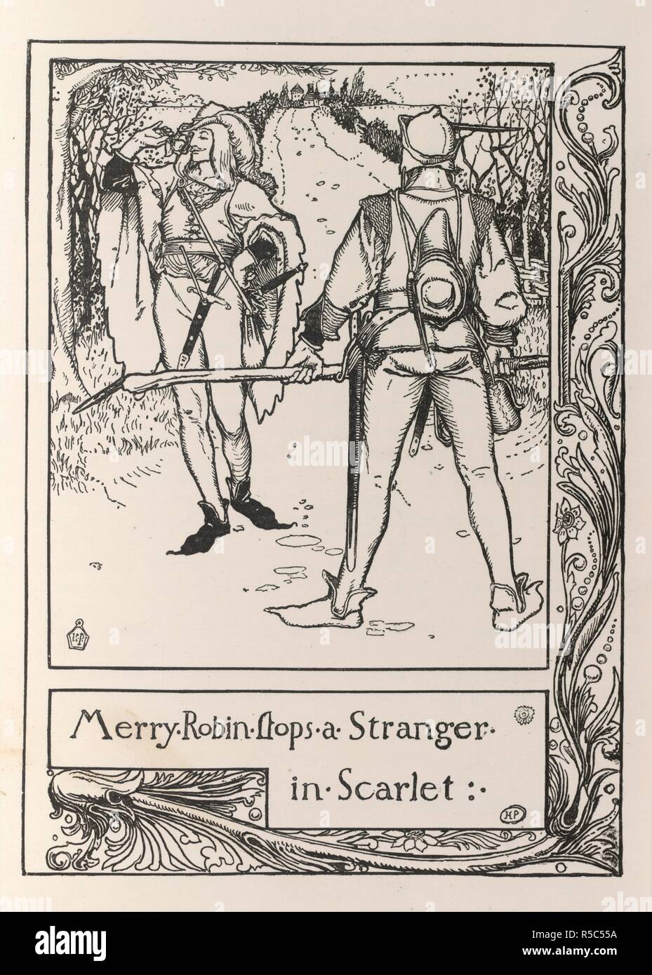 Merry Robin arrête un étranger dans l'écarlate.. Robin Hood et Will Scarlet. The Merry Adventures of Robin Hood ... L'illustration. Sampson Low & Co. : Londres, 1883. Source :* 558.b.31, en face 90. Langue : Anglais. Auteur : Howard Pyle. Banque D'Images
