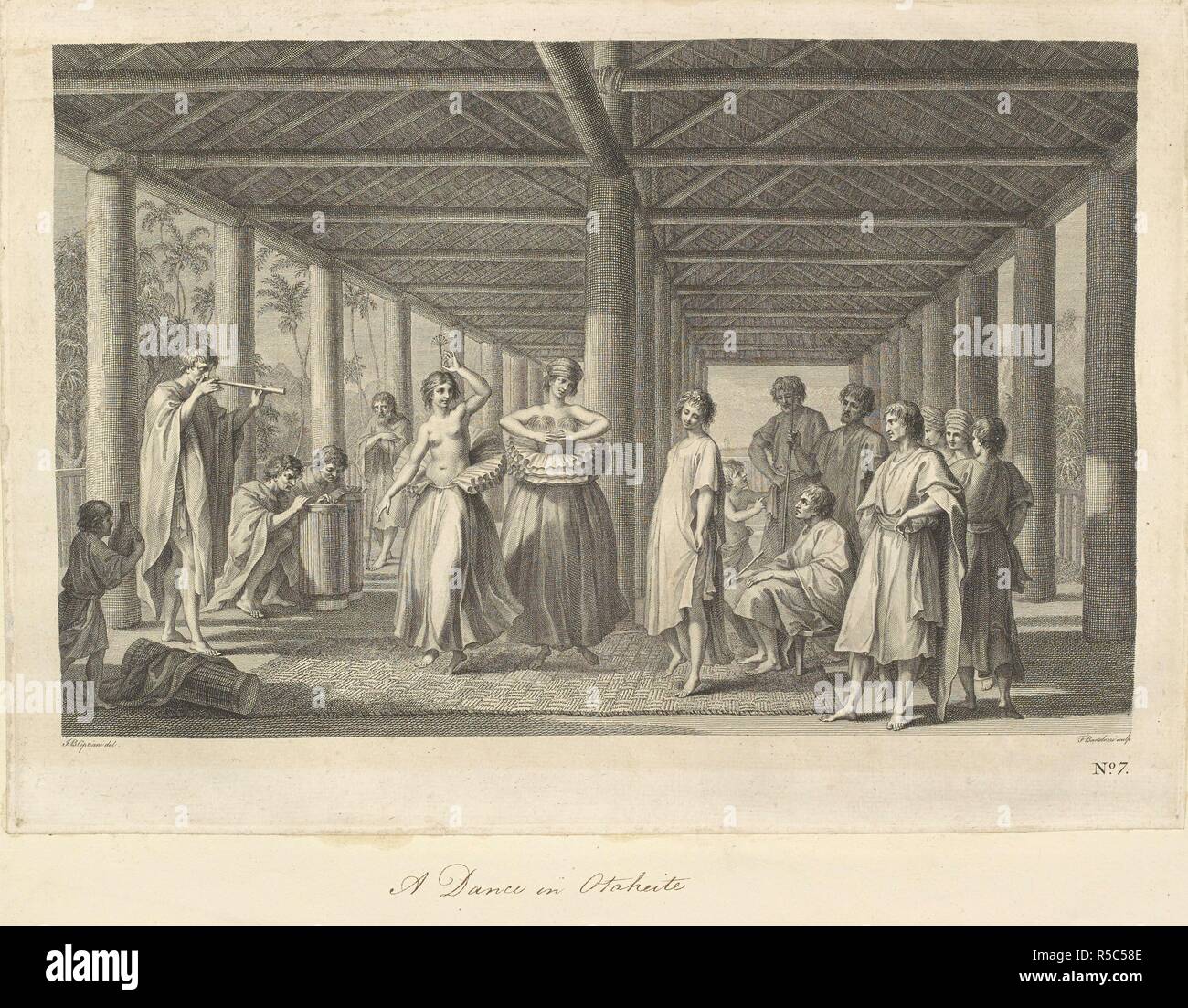 Une danse à Otaheite. Dessiné et gravé par J.B. Cupriani et F. Bartolozzi. Trois femmes Raiatean danse, accompagné de deux percussionnistes et d'un flûtiste. Le flûtiste souffle une flûte nasale. La scène est un l'un de l'intérieur, avec le groupe entouré de colonnes. Une collection de dessins par A. Buchan, S. Parkinson, et J. F. Miller, réalisés dans les pays visités par le capitaine James Cook dans son premier voyage [1768-1771], également d'impressions publié dans ses voyages de John Hawksworth Biron [Byron], Wallis et Cook [1773], ainsi que dans la deuxième et troisième voyages [1772-1775, 1776-1780]. 1768-1780. Source : Ajouter Banque D'Images