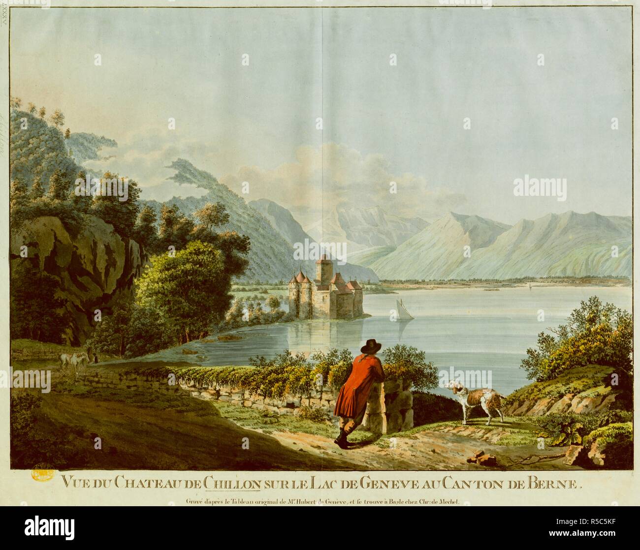 Un homme dans un manteau de longueur genou et hat s'appuie sur une clôture en pierre en contemplant la vue sur une route de campagne par le lac de Genève au premier plan, avec ChÃ¢teau de Chillon au-delà et les Alpes en arrière-plan. VUE DU CHATEAU DE CHILLON SUR LE LAC DE GENEVE AU CANTON DE BERNE. [Bâle] : [Christian von Mechel], [à propos de 1775]. La gravure à la main. Source : Maps K.Haut.85,61.a. Langue : Français. Banque D'Images