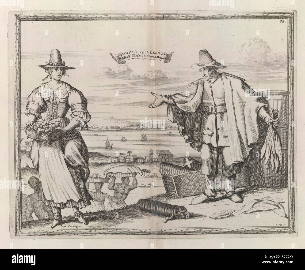 Les planteurs de tabac Quaker. Les Quakers Englese semoirs aende tabak en Barbade. [In :] Orbis habitabilis oppida et vestitus, centenario numero complexa. Amsterdam, [1680]. Les Quakers Englese semoirs aende tabak en Barbade. Vue sur les semoirs à tabac Quaker seascape en arrière-plan. Image réalisée à partir d'Englese Quakers en semoirs aende tabak la Barbade. [In :] Orbis habitabilis oppida et vestitus, centenario numero complexa. [Folio no88]. Publié à l'origine/produit à Amsterdam, [1680]. . Source : Maps.C.24.e.23, no.88. Langue : néerlandais et latin. Auteur : ALLARD, Carel. Banque D'Images