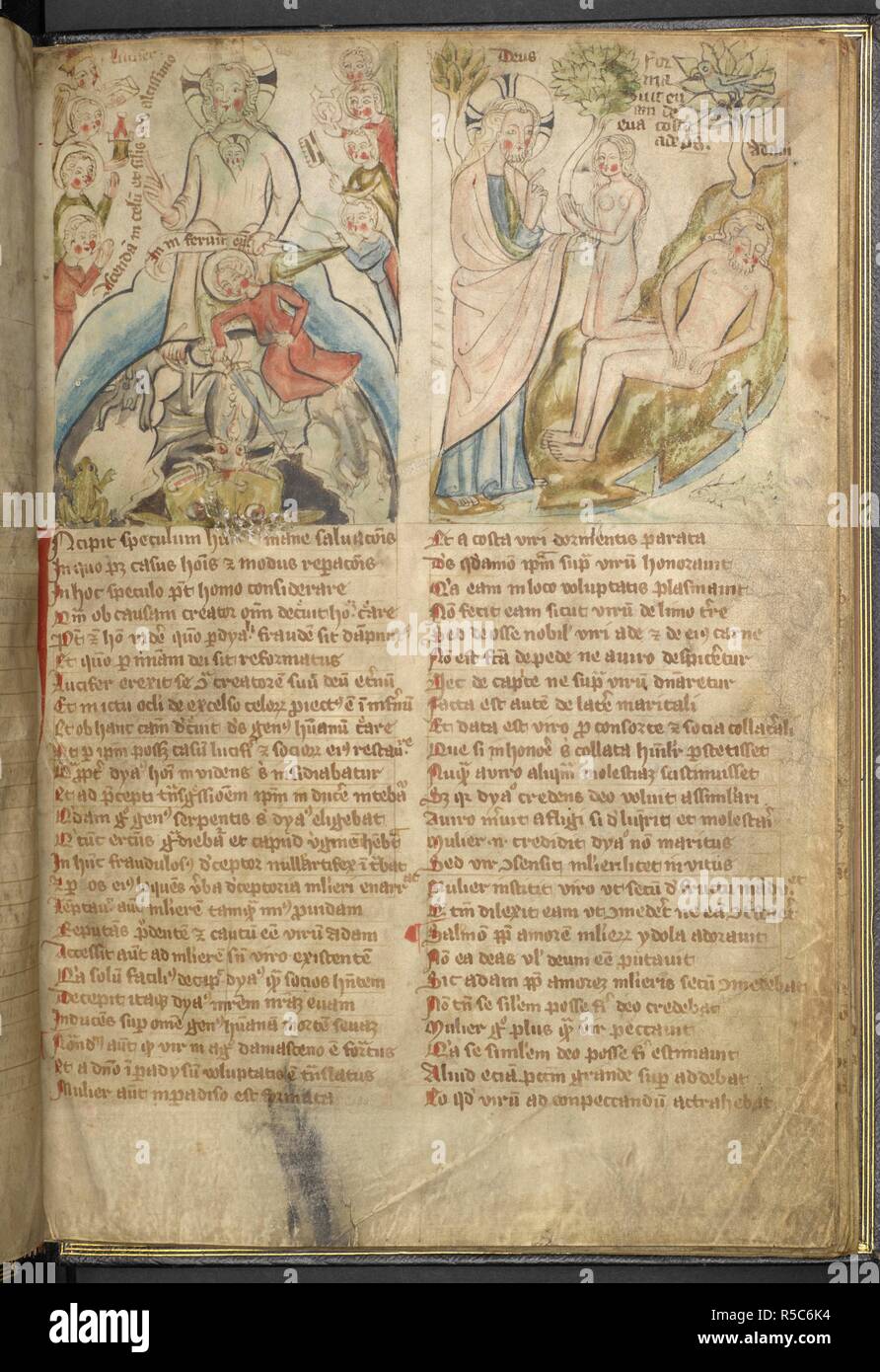 Dessins en couleur du Jugement dernier et de création d'Ève. Speculum humanæ salvationis. Allemagne, 2e ou 3e trimestre de la 14e siècle. Source : Harley 4996, f.4. Langue : le latin. Banque D'Images