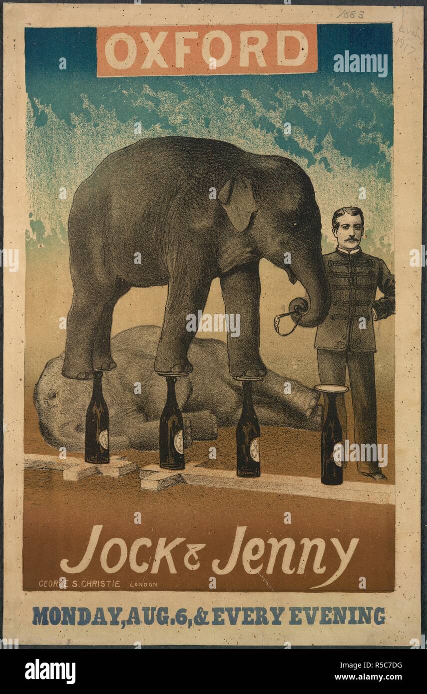 Jock & Jenny. Une collection de brochures, tracts, et miscella. Londres, c. 1880. Affiche montrant l'exécution d'éléphants Jock et Jenny dans une de leurs actes en vedette à l'Oxford Theatre, Marylebone, 1883 Image réalisée à partir d'une collection de brochures, prospectus et autres imprimés relatifs aux infirmières de l'entertainment et de la vie quotidienne. Publié à l'origine/produit à Londres, ch. 1880. . Source : EVAN.1917. Langue : Anglais. Banque D'Images