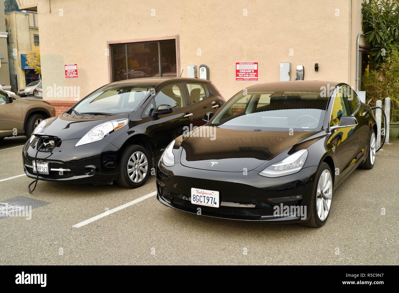 Modèle Tesla 3 & Nissan Leaf véhicules électriques rechargeables se rechargée à la station de recharge de véhicules électriques EV, les places de parking à Healdsburg, CA, USA Banque D'Images