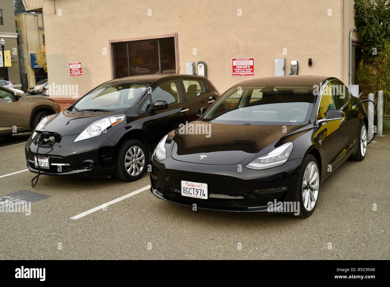 Modèle Tesla 3 & Nissan Leaf véhicules électriques rechargeables se rechargée à la station de recharge de véhicules électriques EV, les places de parking à Healdsburg, CA, USA Banque D'Images