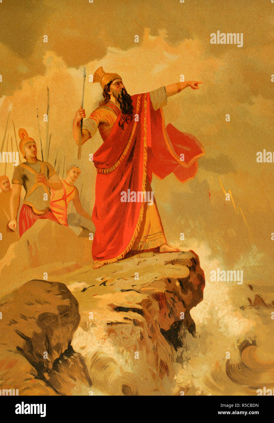 Le roi de la Dynastie des Achéménides de Perse, Xerxès I (519-465 avant J.-C.), dans 483 BC (deuxième invasion perse de la Grèce) a construit le Canal de Xerxès, canal navigable dans la base de la péninsule du Mont Athos, la Grèce du Nord. L'état de la mer s'écarter. Frustré et furieux, Xerxès a ordonné que l'Hellespont (Dardanelles) a reçu trois cent fléaux avec une chaîne. Lithography. La Civilizacion (la civilisation), volume II, 1881. Banque D'Images