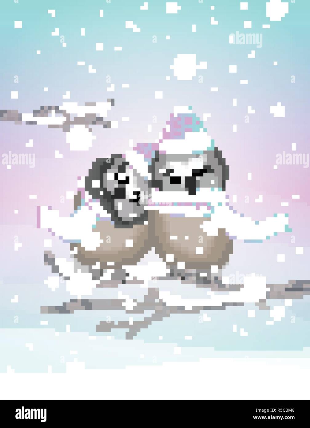 Deux hiboux mignon avec bonnet et écharpe en tricot sur un fond d'hiver  gelé. Paysage en violet et vert menthe des tons neutres, avec chute des  flocons et em Image Vectorielle Stock -