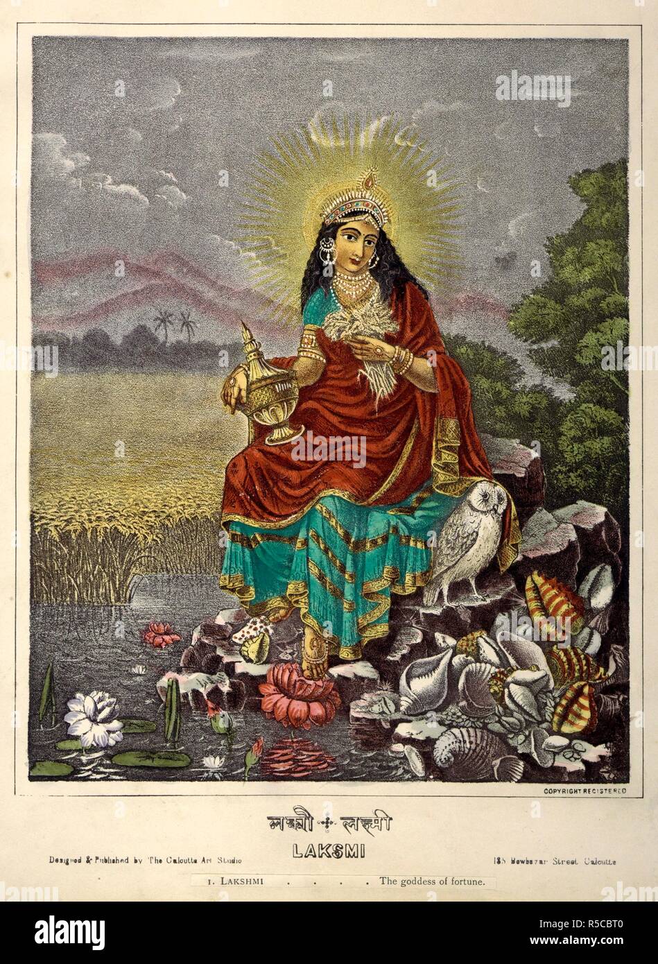 Lakshmi la déesse de la fortune. Calcutta Art Studio fl. Années 1890. Lakshmi la déesse de la fortune. Chromolithographie de Calcutta. Publié à l'origine/produit dans Calcutta Art Studio fl. Années 1890. . Source : Add.ou.5267,. Banque D'Images