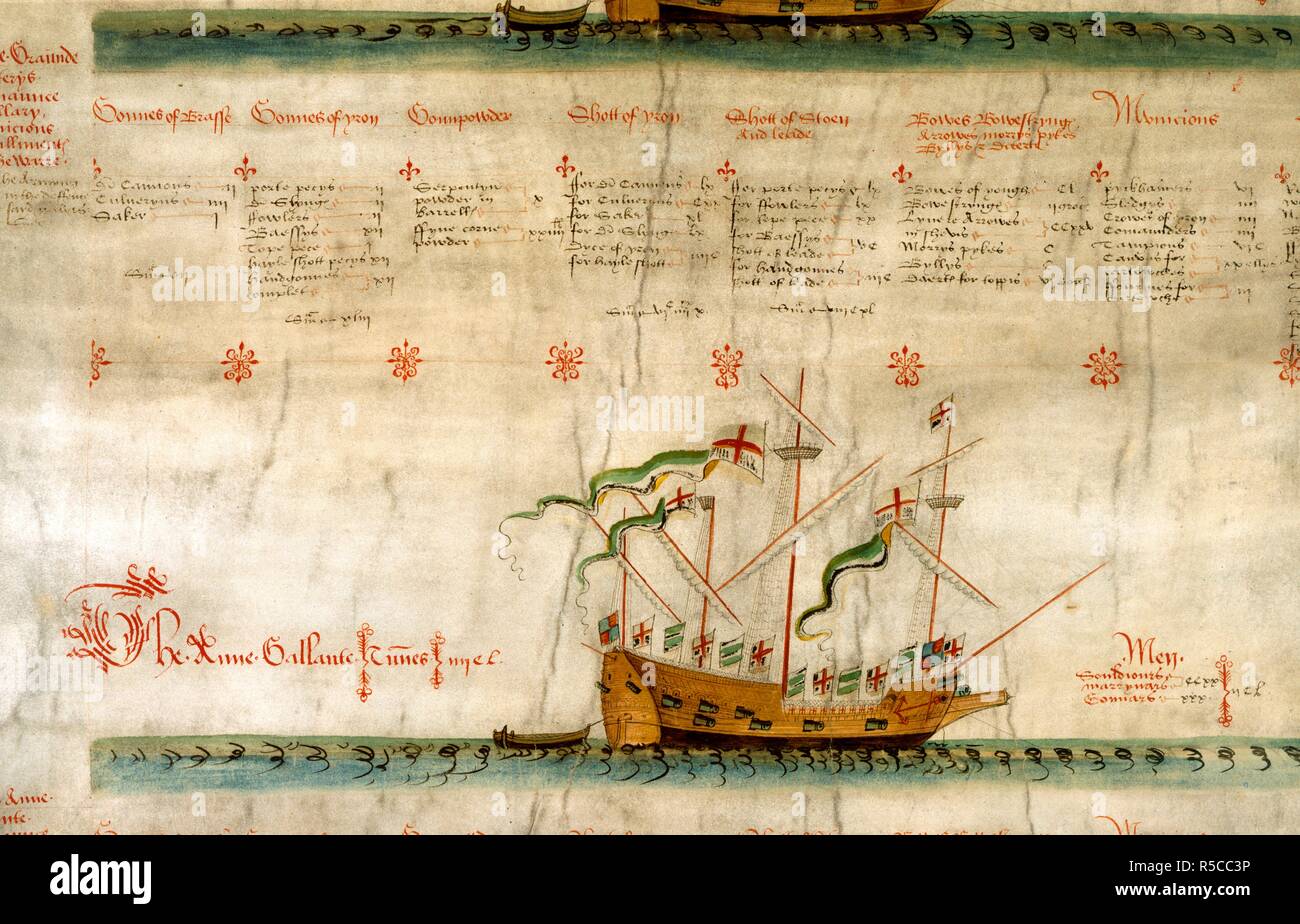 'L'Anne Gallante". Rouleau de les galères de Henry VIII. L'Angleterre, 1546. [Navire 2e sur rouleau] 'La Anne Gallante", avec les détails de son équipage Image prise à partir de la bobine de les galères de Henry VIII. Publié à l'origine/produit en Angleterre ; 1546. . Source : ajouter. 22047,. Langue : Anglais. Banque D'Images