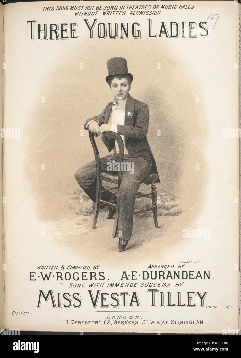 Mlle Vesta Tilley, apparaissant dans 'Trois jeunes dames.' Matilda Alice Powles (13 mai 1864 - 16 septembre 1952), était un artiste de music hall qui a adopté, à l'âge de 11 ans, le nom de scène de Vesta Tilley et qui est devenu l'un des plus célèbres travestis masculins de son époque. . Trois jeunes femmes.  <Chanson. > Written & composée par E. W. Rogers. Organisé par A. E. Durandeau, etc. Londres : H. Beresford, [1892]. Source : H.3981.P(47) capot avant. Banque D'Images