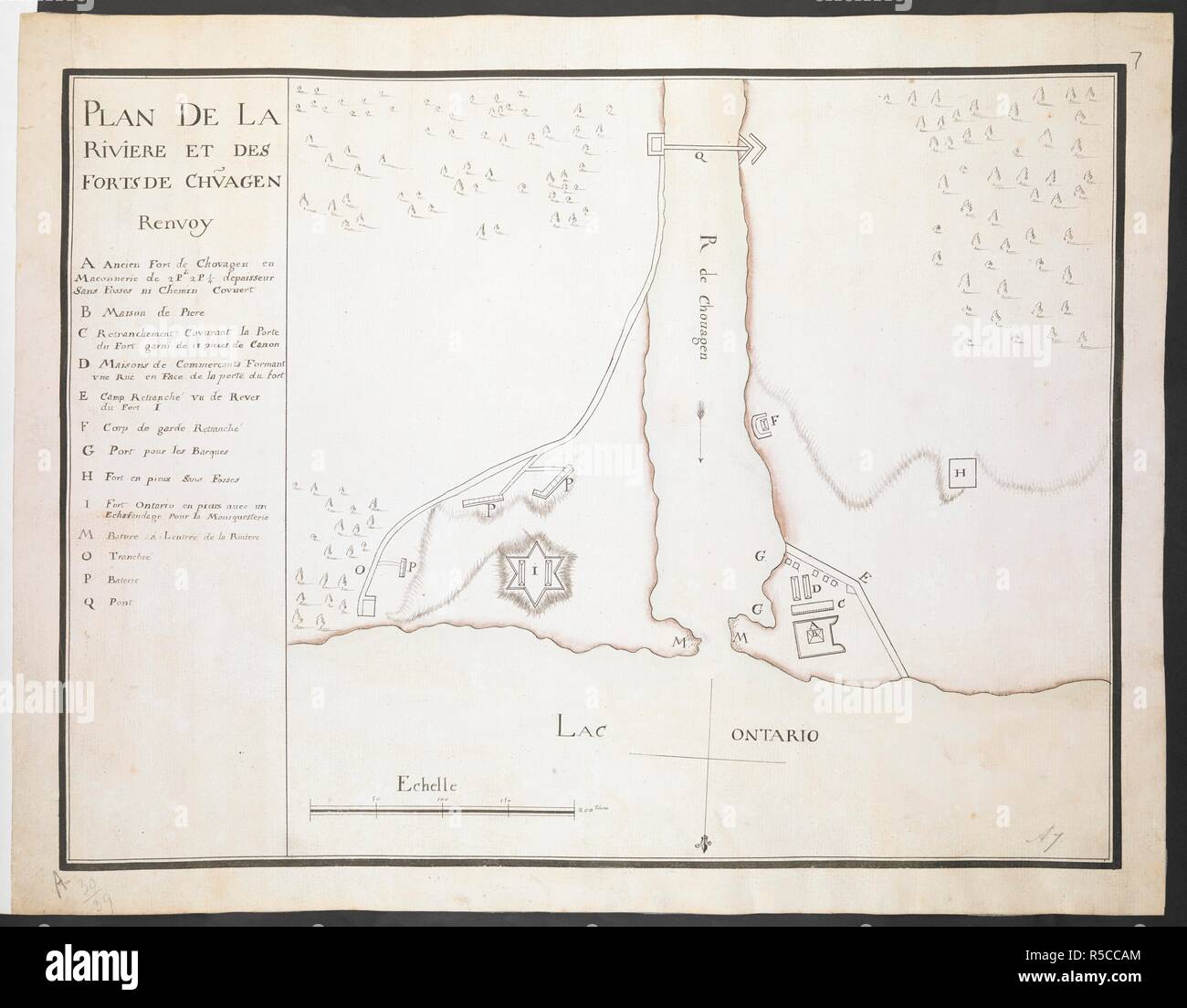 Le "Plan de la rivière et des forts de Chouagen'. R.U.S.I. Des cartes. Tome LXXIII (1-13). Le "Plan de la rivière et des forts de Chouagen'. E 100. Echelle, 200 toises" ( = 120mm.). Site orienté avec le Sud en haut. Le français. 360 x 480mm. Source : ajouter. Amherst n° 57708.7 Un 7. N° R.U.S.I. Un 30,39. Banque D'Images