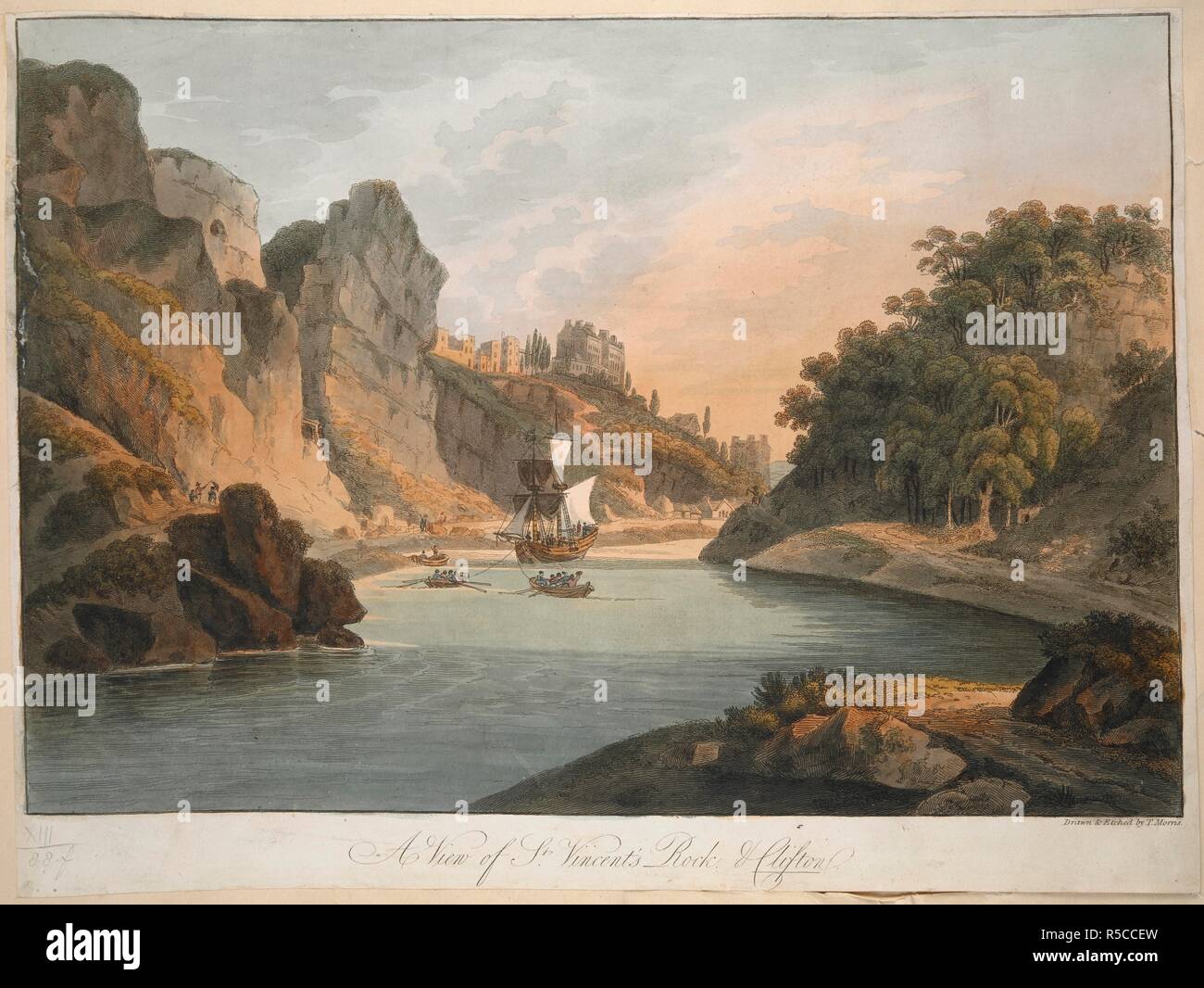 Bateaux dans l'eau ; les rochers de chaque côté ; les bâtiments sur St Vincent's Rock, Clifton sur la gauche ; les arbres tout au long de la scène. Une vue sur St Vincent's Rock et Clifton. [Angleterre] : [éditeur non identifiés], [Publié en vertu de la Loi. Novr 6. 1802.]. Avec gravure main-coloration. Source : Maps K.Haut.13.88.f. Langue : Anglais. Auteur : Thomas Morris. Banque D'Images