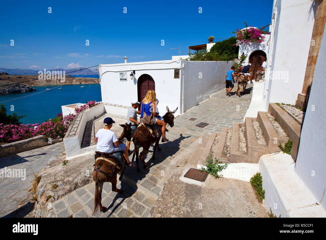 Les touristes prendre une promenade avec un âne à l'Acropole, Lindos, Rhodes, Grèce Banque D'Images