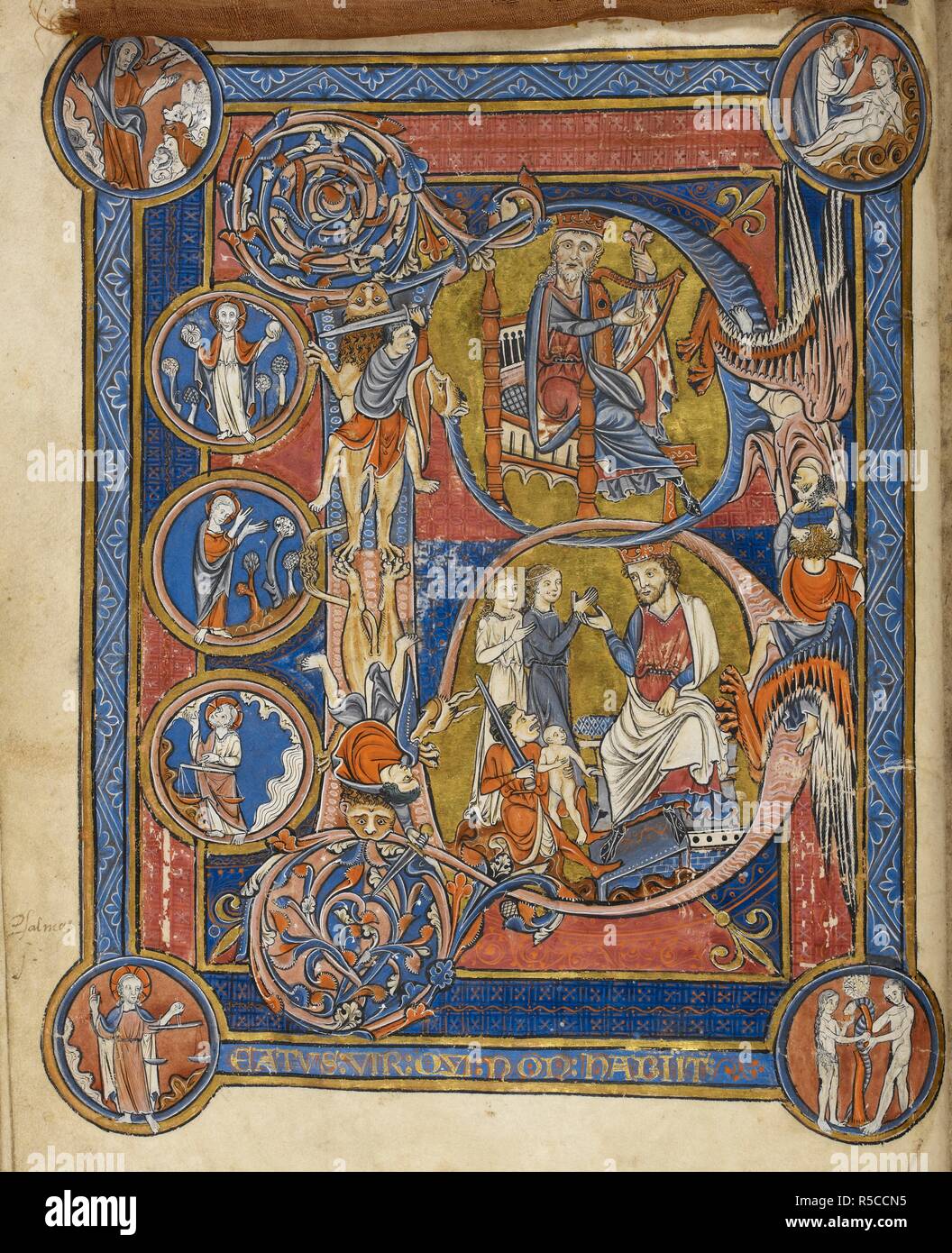 Psaume 1 ; Beatus, initiale avec David rabâcher et le jugement de Salomon. Les hommes au combat à cheval sur les lions et dragons. Sept médaillons : Création du firmament ; création de la Terre et des eaux, la création d'arbres ; la création du soleil et de la Lune ; la création d'animaux ; la création d'Adam ; Tentation d'Adam et Eve. Psautier de Rutland. [Angleterre Londres ?] ; années 1260. Source : ajouter. 62925, f.8c. Langue : le latin. Banque D'Images