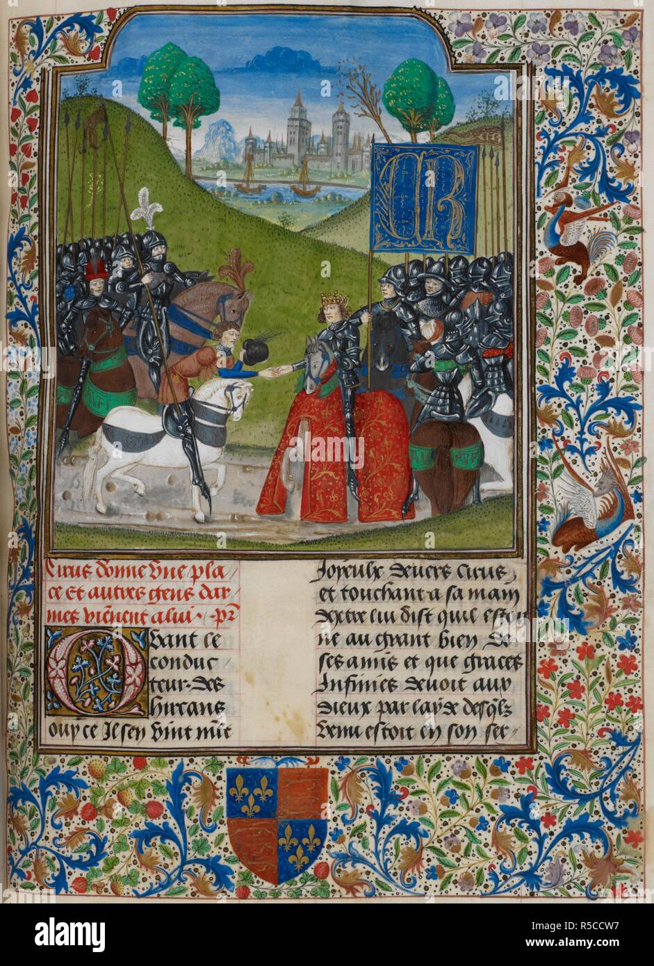 Séance de Cyrus et la Hyrcanian : armes en bordure de fleurs. Xénophon, Cyropaedeia. Flandre, circ. , 1470-1480. Source : Royal 16 G. IX, f.112. Langue : Français. Auteur : Vasco de Lucena. Banque D'Images