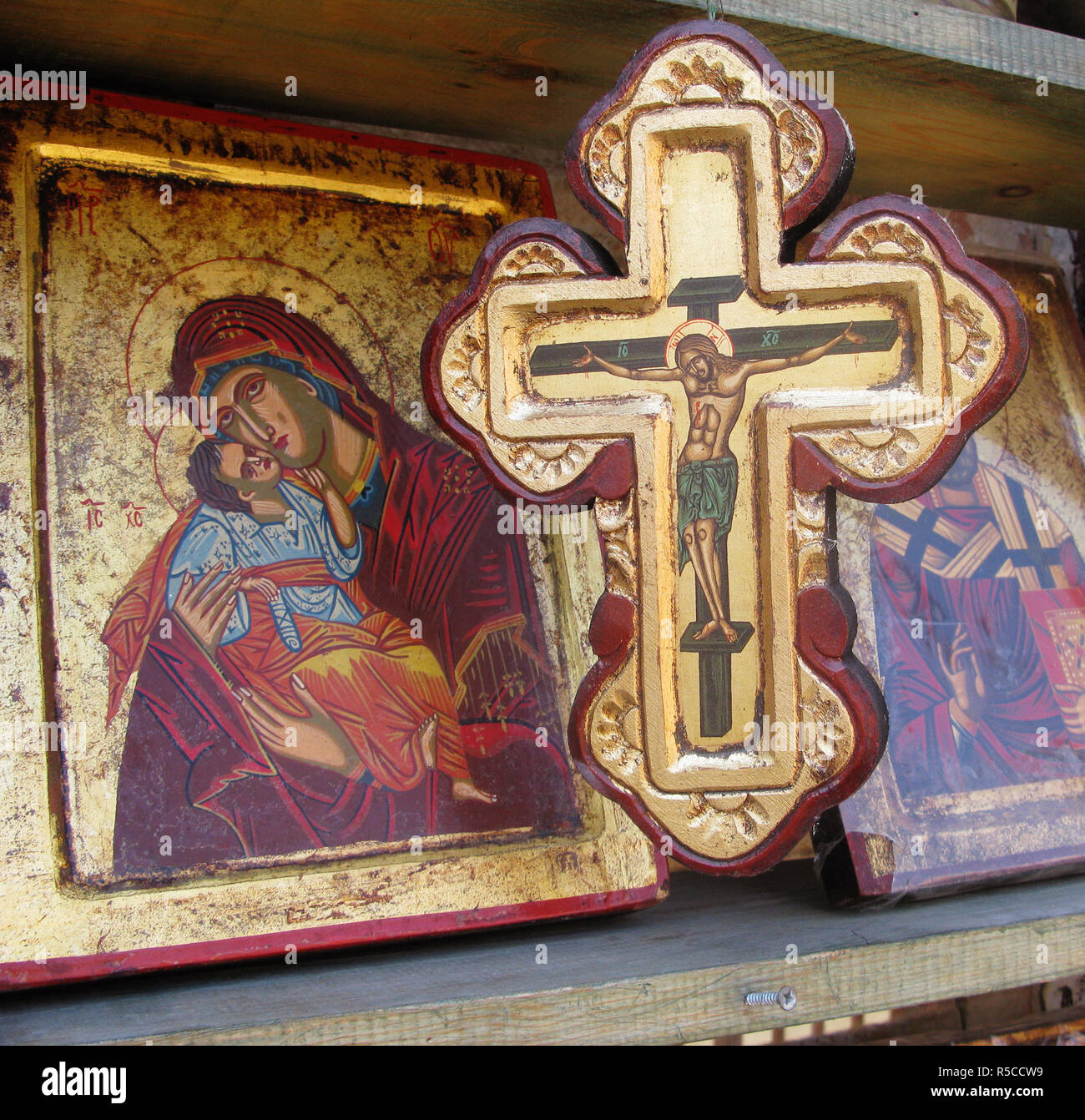 Des copies d'icônes religieuses à vendre dans la vieille ville de La Canée, Crète, Grèce Banque D'Images