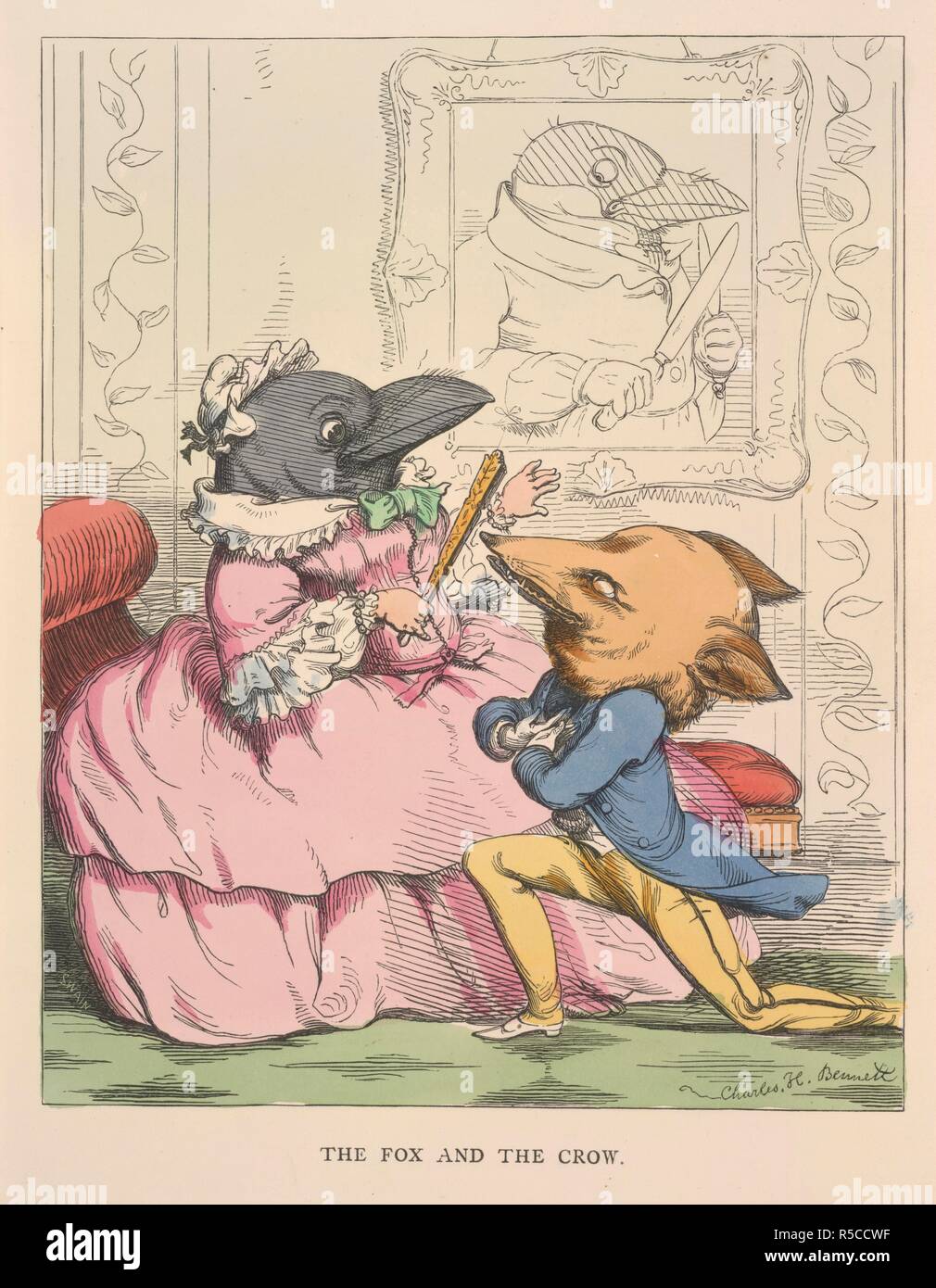 Le renard et le corbeau. Les Fables de l'Ã ?pon et d'autres. Traduit en hum. W. Kent & Co. : Londres, 1857. Une femme riche crow étant complétée par un renard rusé. Image prise à partir de l'Univers imaginaire de l'Ã ?pon et d'autres. Traduit dans la nature humaine, conçu et dessiné sur le bois par Charles H. Bennett, etc. publié à l'origine/produit dans W. Kent & Co. : Londres, 1857. . Source : 12305.g.11, en face 9. Langue : Anglais. Auteur : AESOP. Bennett, C. H. Swain, J. Banque D'Images