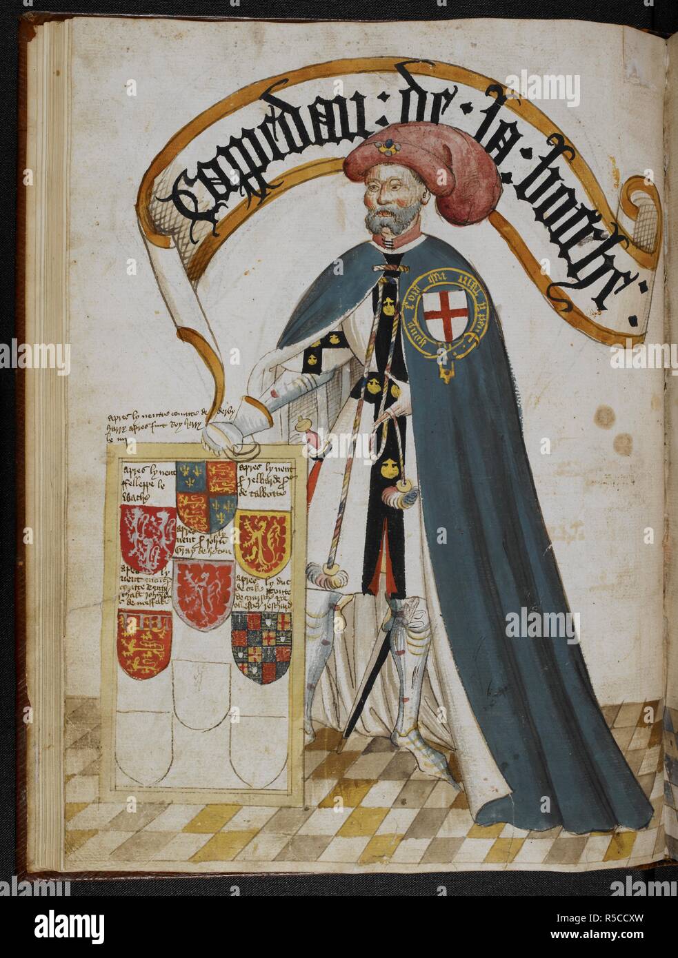 Sir John de Grailly, captal de Buch, fondateur d'un Chevalier de l'ordre de  la Jarretière, le port d'un porte-jarretelles bleu manteau sur l'armure de  plaque et surcoat afficher ses bras. Livre illustré