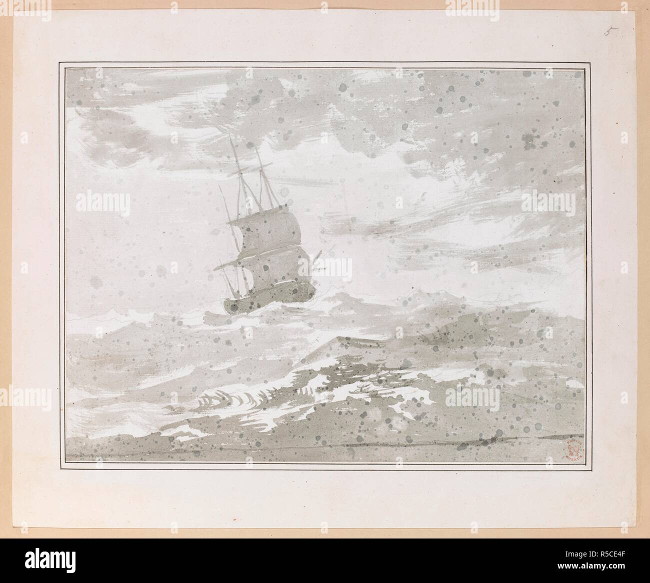 Navire du capitaine Cook, la résolution, navigation dans une mer formée. Esquisses et dessins en couleur faites par J. Webber, au cours du troisième voyage du capitaine Cook, en 1776-1780,. 1776-1780. Source : ajouter. 17277, n°5. Banque D'Images