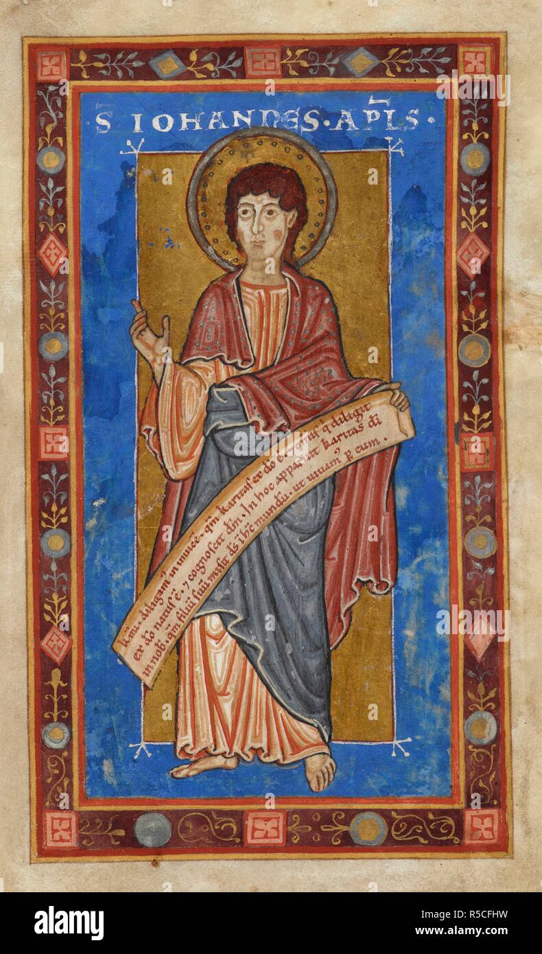 Portrait miniature d'un comité permanent, John holding a faire défiler, contre un fond bleu et or. Lectionnaire ('le Lectionnaire Siegburg') (s. 4V-77) ; avec la politique commune de Saints (ff. 77-87V), les directions et les leçons de la masse (ff. 87v-93v) ; diverses lectures. Allemagne, W. (Siegburg) ; 2e quart du 12e siècle. Source : Harley 2889, f.3. Langue : le latin. Banque D'Images