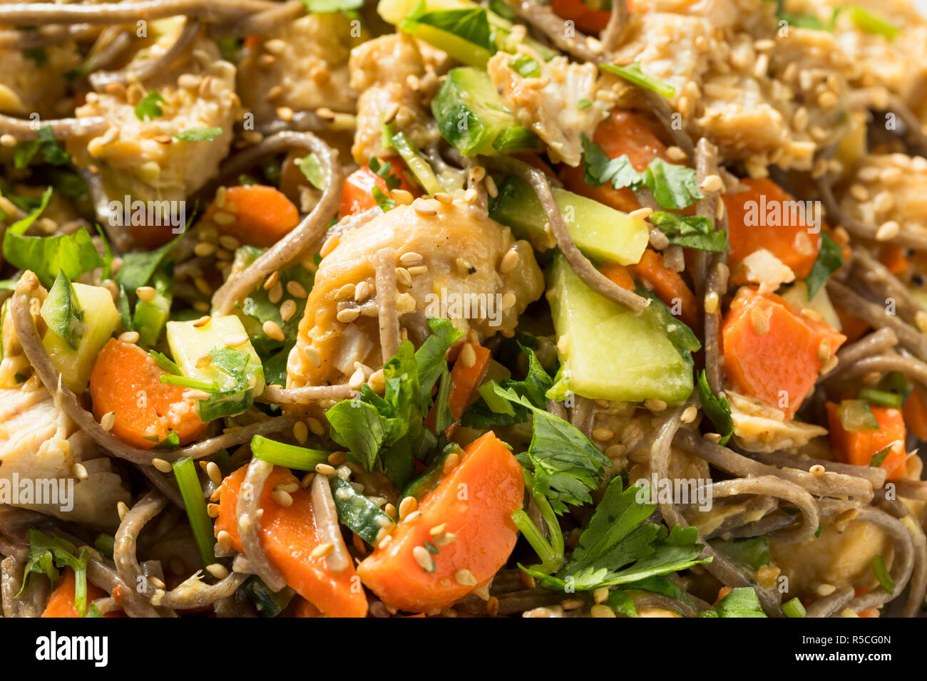 Bol de nouilles soba Maison saine avec poulet et sésame Banque D'Images
