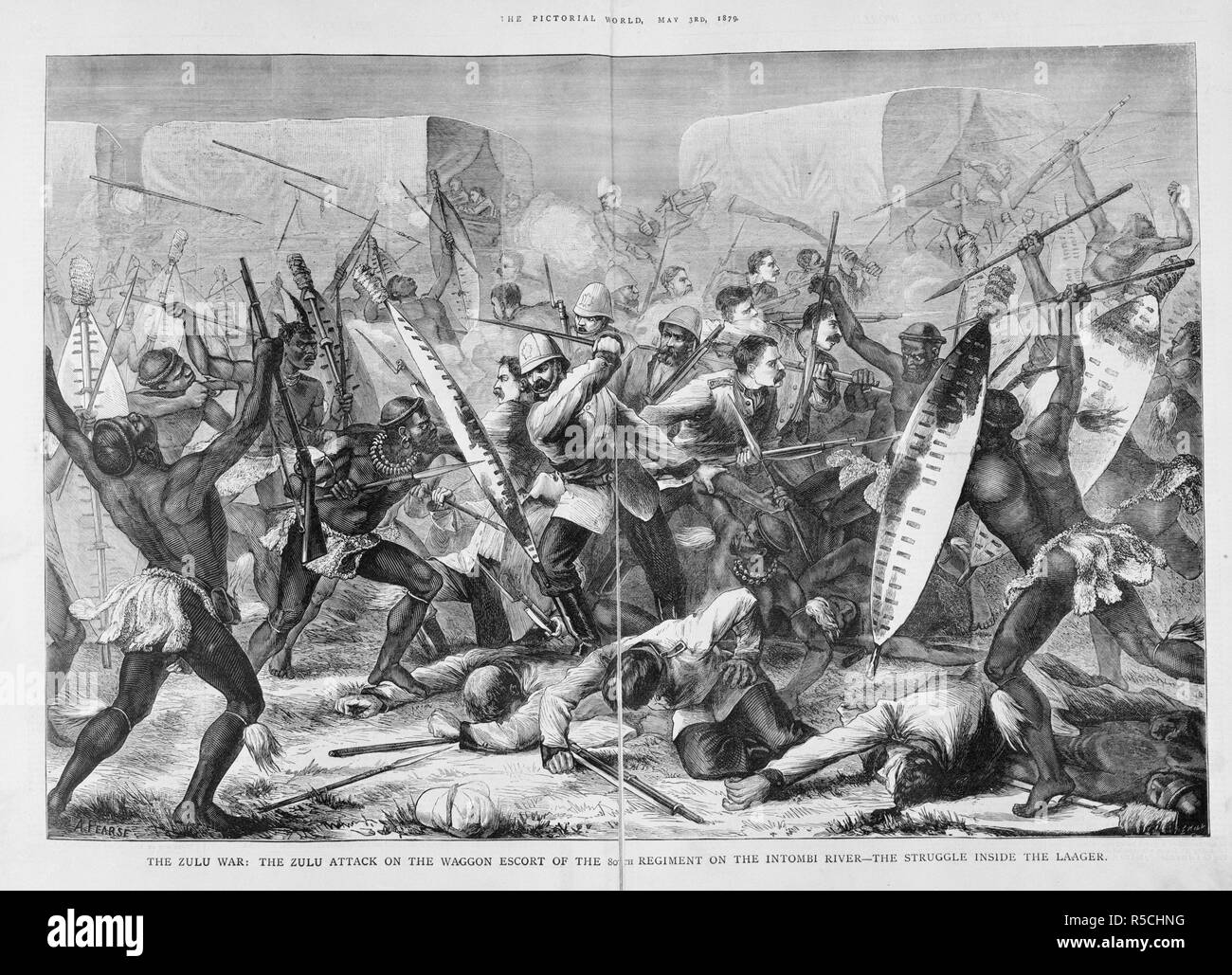 Intombi embuscade à River. Le monde pictural. Londres, 3 mai 1879. La guerre Zoulou Zoulou : l'attaque de l'escorte de chariot de la 80e Régiment sur la rivière Intombi- La lutte à l'intérieur de l'assiégés". Un détachement britannique est tombé dans une embuscade dans la nuit sur les rives de la rivière Intombi. L'officier survivant rode off, d'obtenir de l'aide, laissant ses hommes livrés à eux-mêmes. Plus de 80 soldats britanniques ont été tués. Image tirée du monde pictural. Publié à l'origine/produit à Londres, le 3 mai 1879. . Source : Colindale,. Langue : Anglais. Auteur : HILL. Pearse, A. Banque D'Images