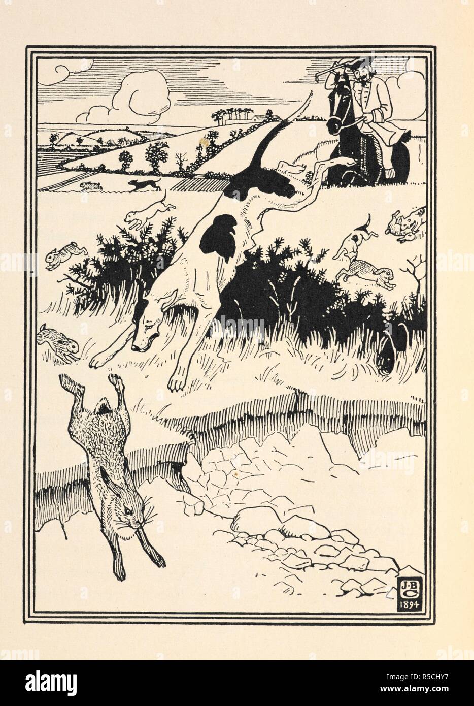 Chapitre V. Un chien de chasse un lièvre. Les aventures surprenantes du Baron de Münchhausen. Illustré par William Strang, R.A., et J. B. Clark, avec une introduction par Thomas Seccombe. Londres, imprimé en Hollande : Medici Society, 1929. Source : 012601.l.9 face à 31. Auteur : Strang, WILLIAM. ERNEST RHYS. Banque D'Images