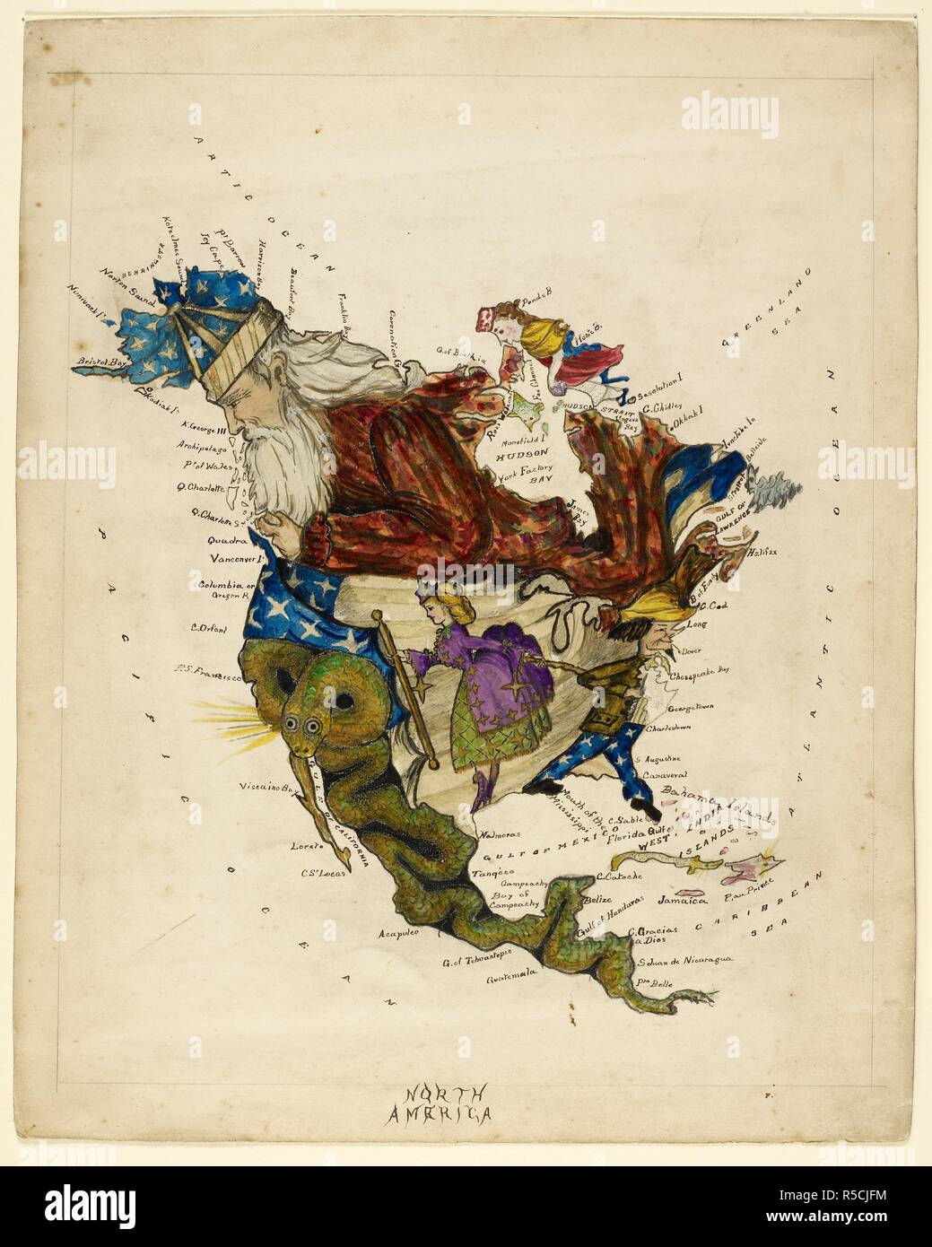 Carte montrant l'Amérique du Nord comme une collection de personnages de conte de fées. . L'Amérique du Nord. 19e siècle. 28 x 23 cm. ; échelle pas donnée. Source : Maps.cc.5.a.221. Auteur : LILIAN LANCASTER. Banque D'Images