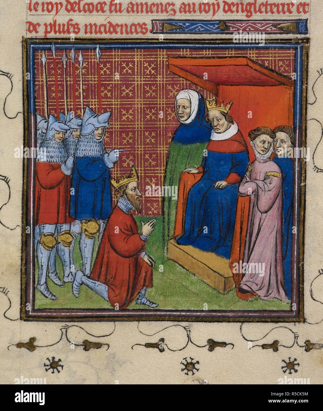 Jean Baliol avant Edward I. Chroniques de France ou de Saint Denis. Fin du 14e siècle. (Miniature) John Baliol, roi d'Ecosse, propose un hommage au roi Édouard Ier d'Angleterre. Image prise à partir de chroniques de France ou de Saint Denis. Publié à l'origine/produit en fin de 14e siècle. . Source : Royal 20 C. VII, f.28. Langue : Français. Banque D'Images